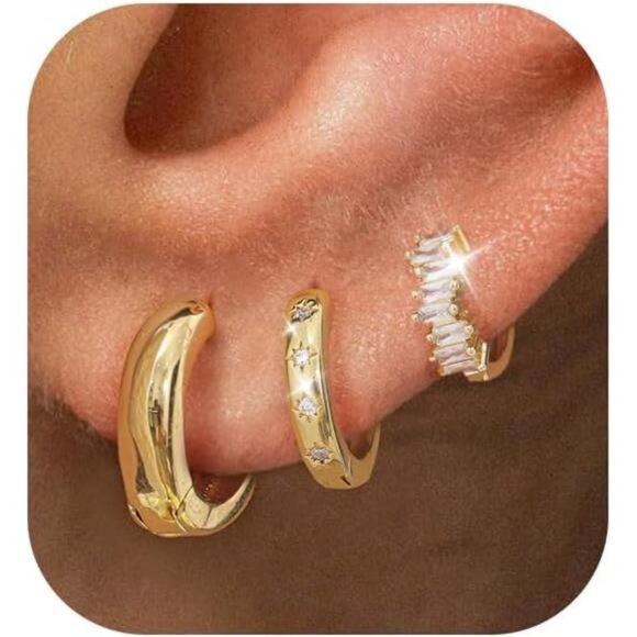Gold Hoop Huggie Earrings Set | 3 Sizes Chunky Fashion Hoops - Picture 1 of 5
